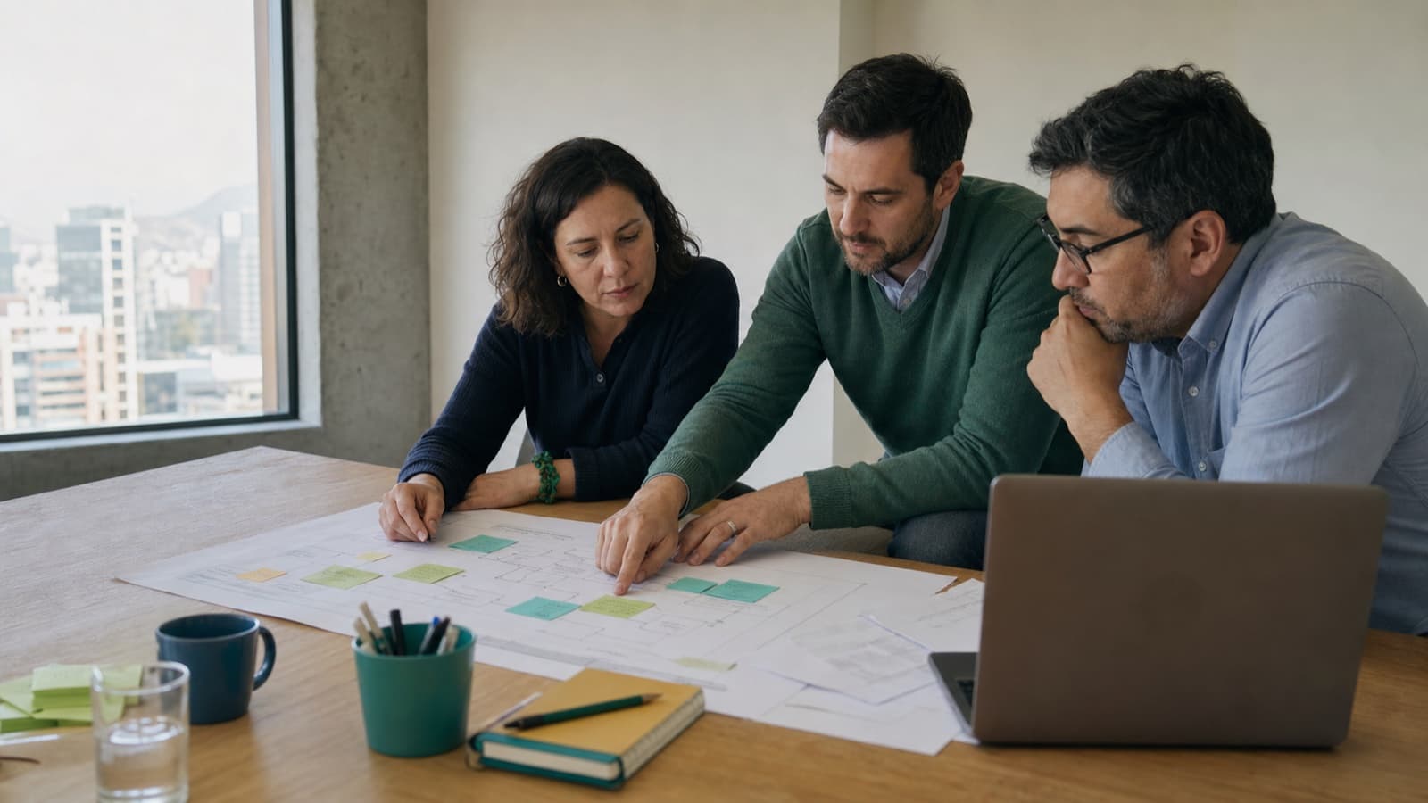 Equipo de operaciones y desarrollo revisando juntos un mapa de procesos
